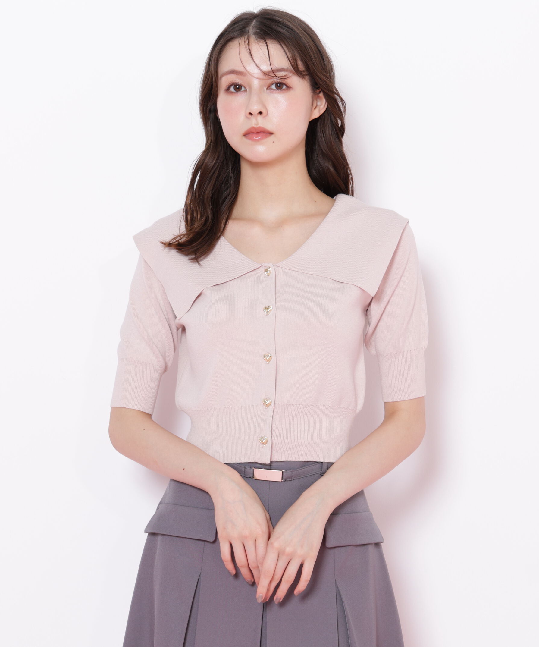  「半袖ビッグカラーデザイン釦ニット」|ニット・セーター|ピンク