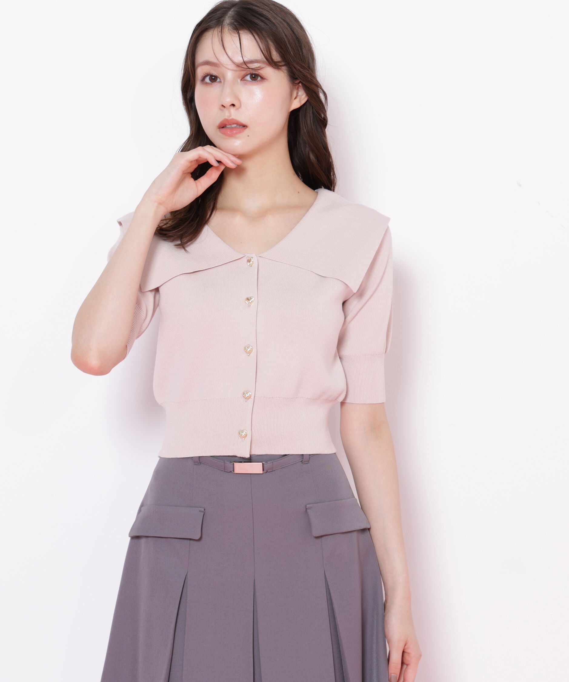  「半袖ビッグカラーデザイン釦ニット」|ニット・セーター|