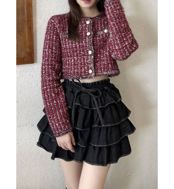 dazzlin「【SETUP】ツイードライクショートニットジャケット※セットアップ対応」|ノーカラージャケット|レッド