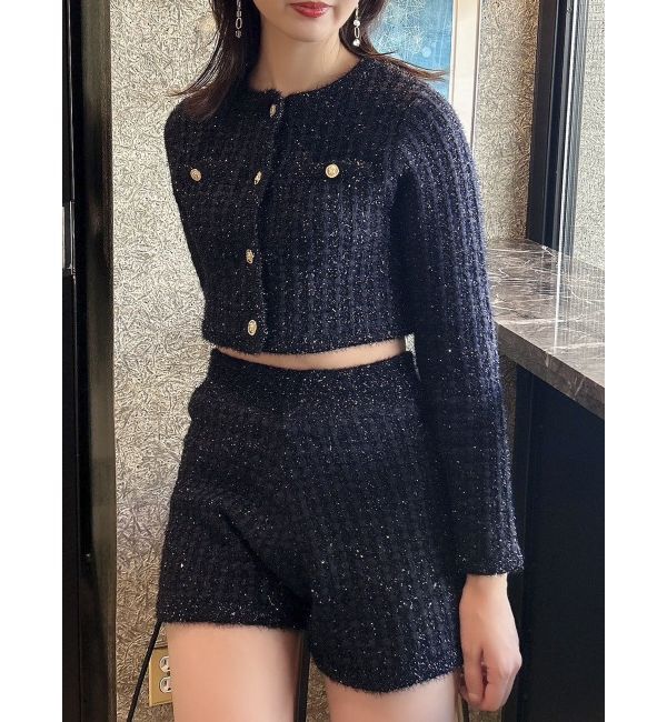 dazzlin「【SETUP】ツイードライクショートニットジャケット※セットアップ対応」|ノーカラージャケット|ネイビー