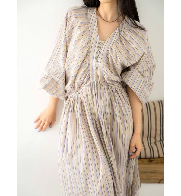 Ungrid「スリーブボリュームマルチストライプワンピース」|ワンピース|