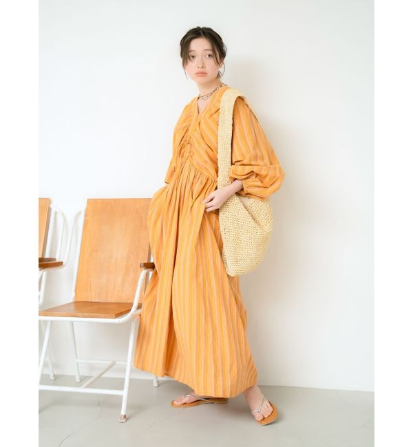 Ungrid「スリーブボリュームマルチストライプワンピース」|ワンピース|