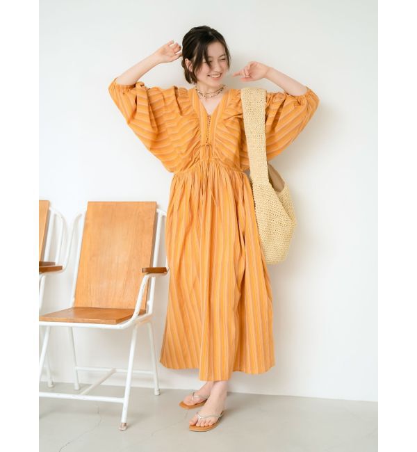 Ungrid「スリーブボリュームマルチストライプワンピース」|ワンピース|