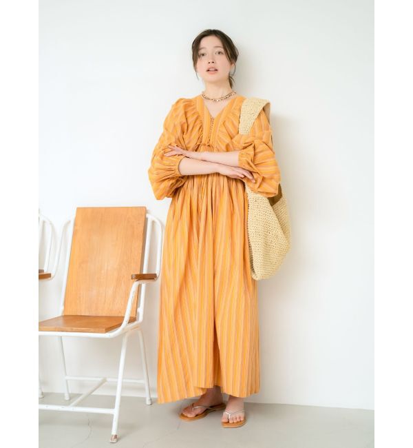 Ungrid「スリーブボリュームマルチストライプワンピース」|ワンピース|