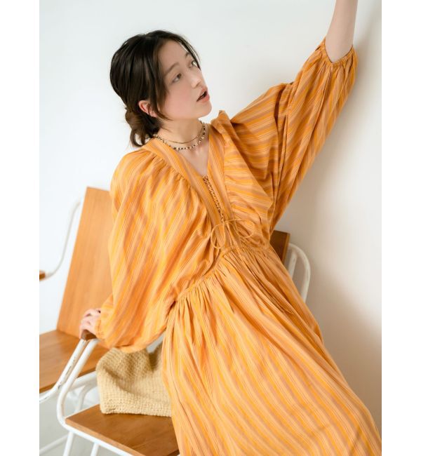Ungrid「スリーブボリュームマルチストライプワンピース」|ワンピース|