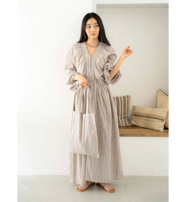 Ungrid「スリーブボリュームマルチストライプワンピース」|ワンピース|パープル