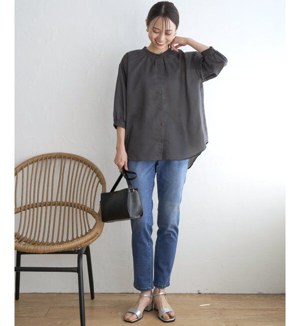 ikka「シアストライプバンドカラーシャツ」|シャツ・ブラウス|