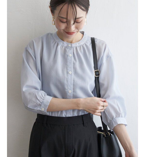 ikka「シアストライプバンドカラーシャツ」|シャツ・ブラウス|