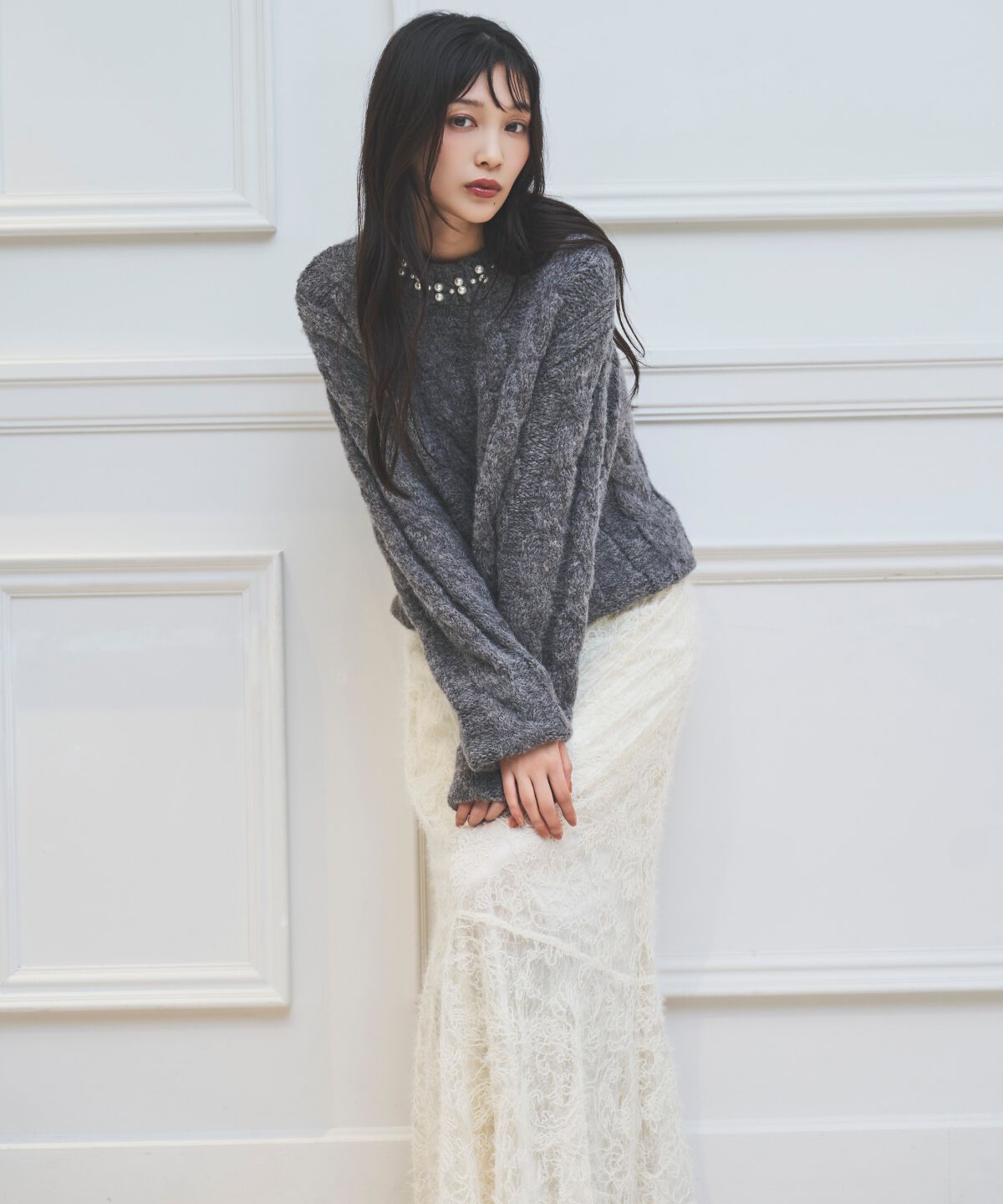 アンドクチュール「パール襟ケーブルニットプルオーバー」|ニット・セーター|