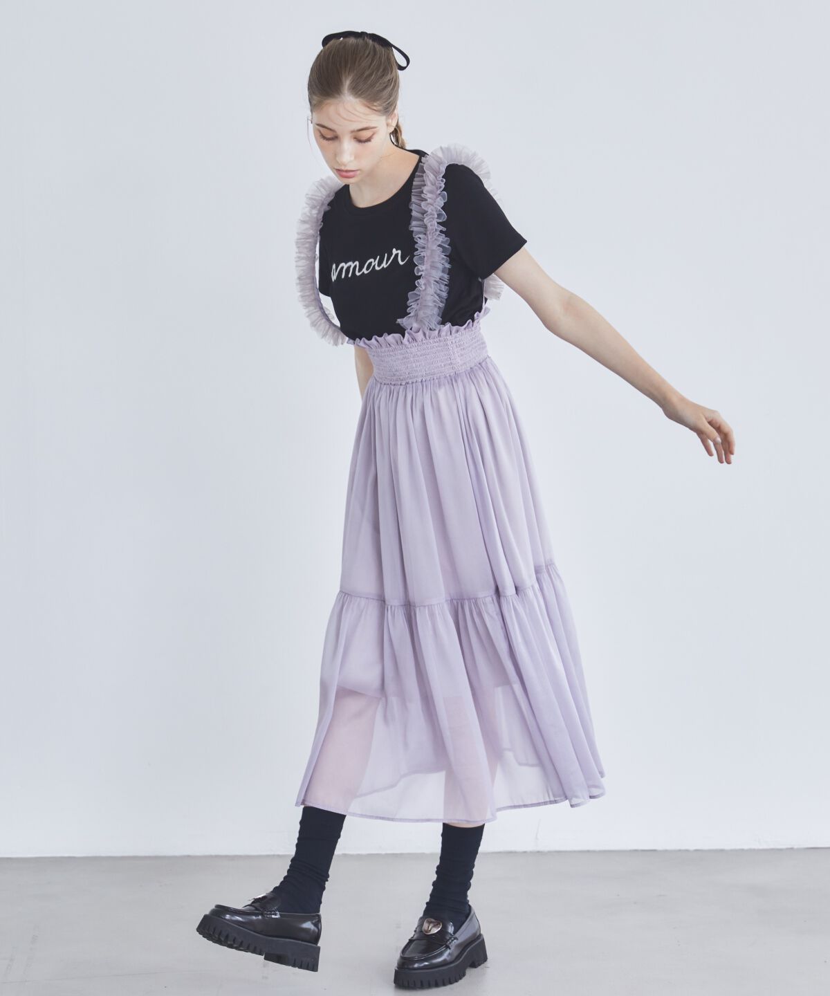 REDYAZEL「チュールショルダーフレアスカート」|フレア|ライトグレー