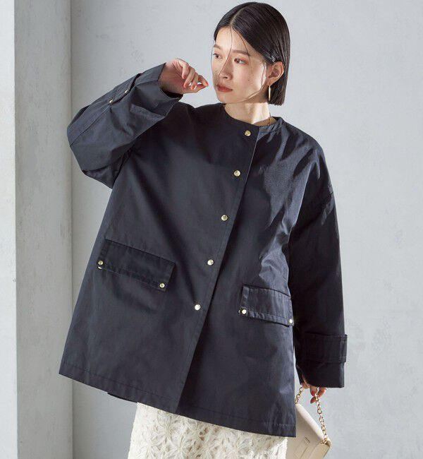 SHIPS for women「〈撥水加工/手洗い可能〉綿 ナイロン ギャバ ノーカラー ミディ コート 24SS ◇」|ノーカラーコート|