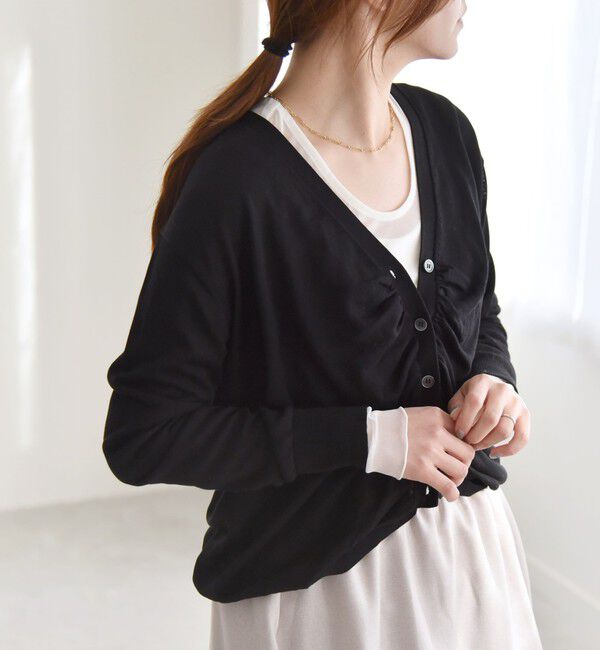 quaranciel「quaranciel:〈手洗い可能〉シルク ミックス ギャザー ニット カーディガン」|カーディガン|ブラック