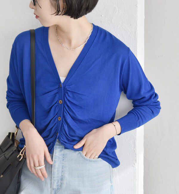 quaranciel「quaranciel:〈手洗い可能〉シルク ミックス ギャザー ニット カーディガン」|カーディガン|ブルー