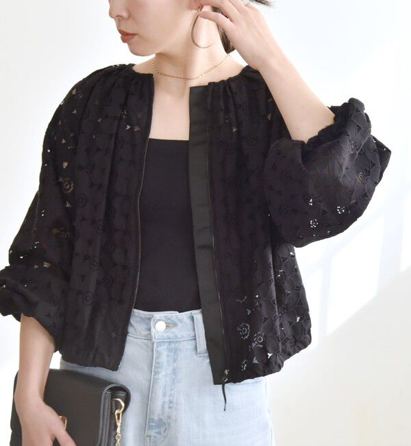 quaranciel「quaranciel:〈手洗い可能〉フラワー レース ジップ ブルゾン」|ブルゾン・スタジャン|