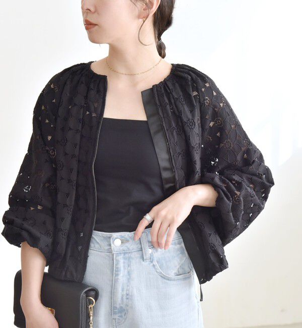 quaranciel「quaranciel:〈手洗い可能〉フラワー レース ジップ ブルゾン」|ブルゾン・スタジャン|
