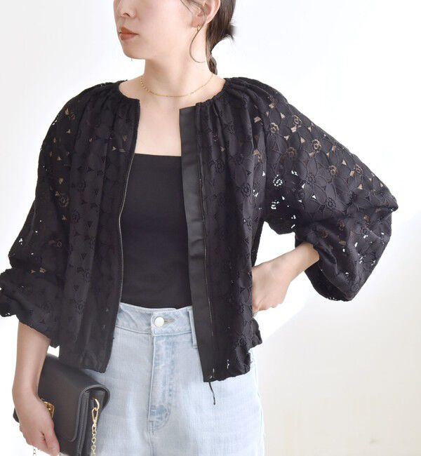 quaranciel「quaranciel:〈手洗い可能〉フラワー レース ジップ ブルゾン」|ブルゾン・スタジャン|