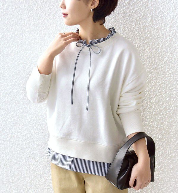 SHIPS for women「《予約》【WEB限定】〈手洗い可能〉ブラウス コンビ スウェット プルオーバー」|スウェット・ジャージ|ホワイト
