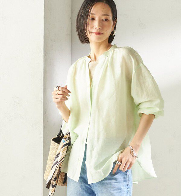 SHIPS for women「《予約》〈手洗い可能〉IMPERIAL LINEN 混 バンドカラー スキッパー シャツ」|シャツ・ブラウス|ミント