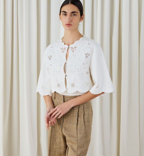 DES PRES「カットワークエンブロイダリー クロップドジャケット」|ノーカラージャケット|