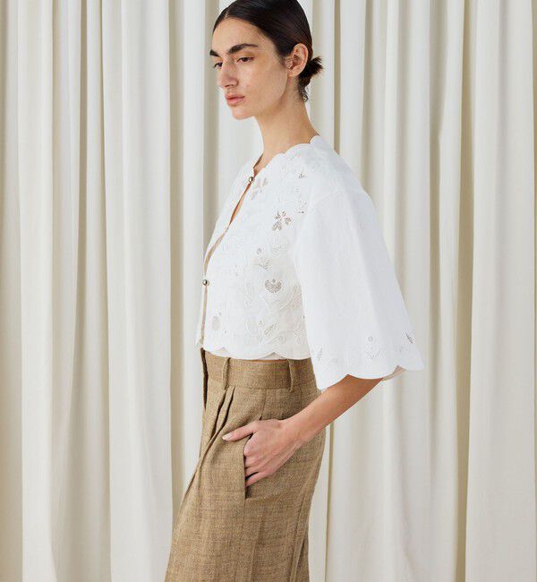 DES PRES「カットワークエンブロイダリー クロップドジャケット」|ノーカラージャケット|