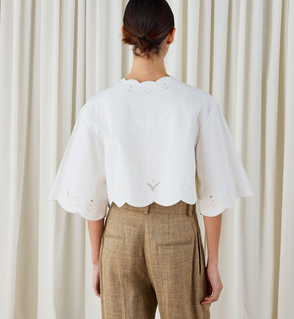 DES PRES「カットワークエンブロイダリー クロップドジャケット」|ノーカラージャケット|