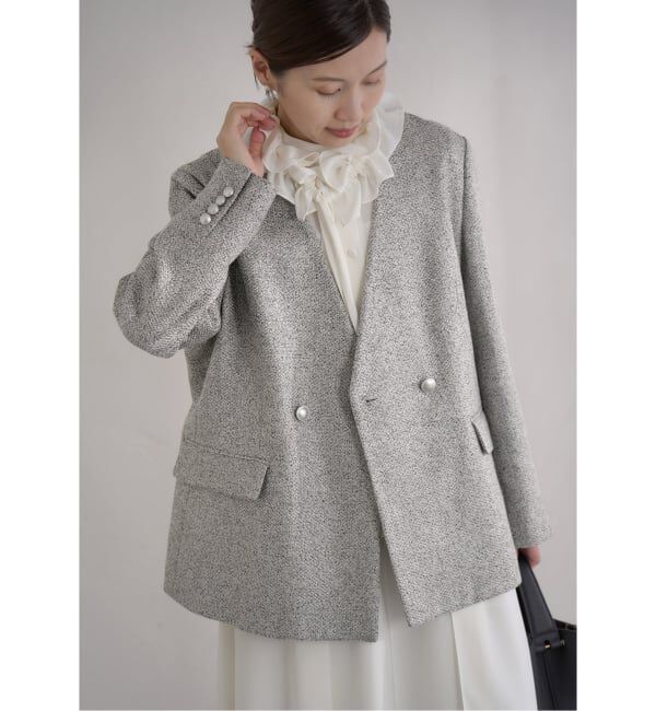 IENA「《予約》&NAVY ツィーディーダブルジャケット」|ノーカラージャケット|