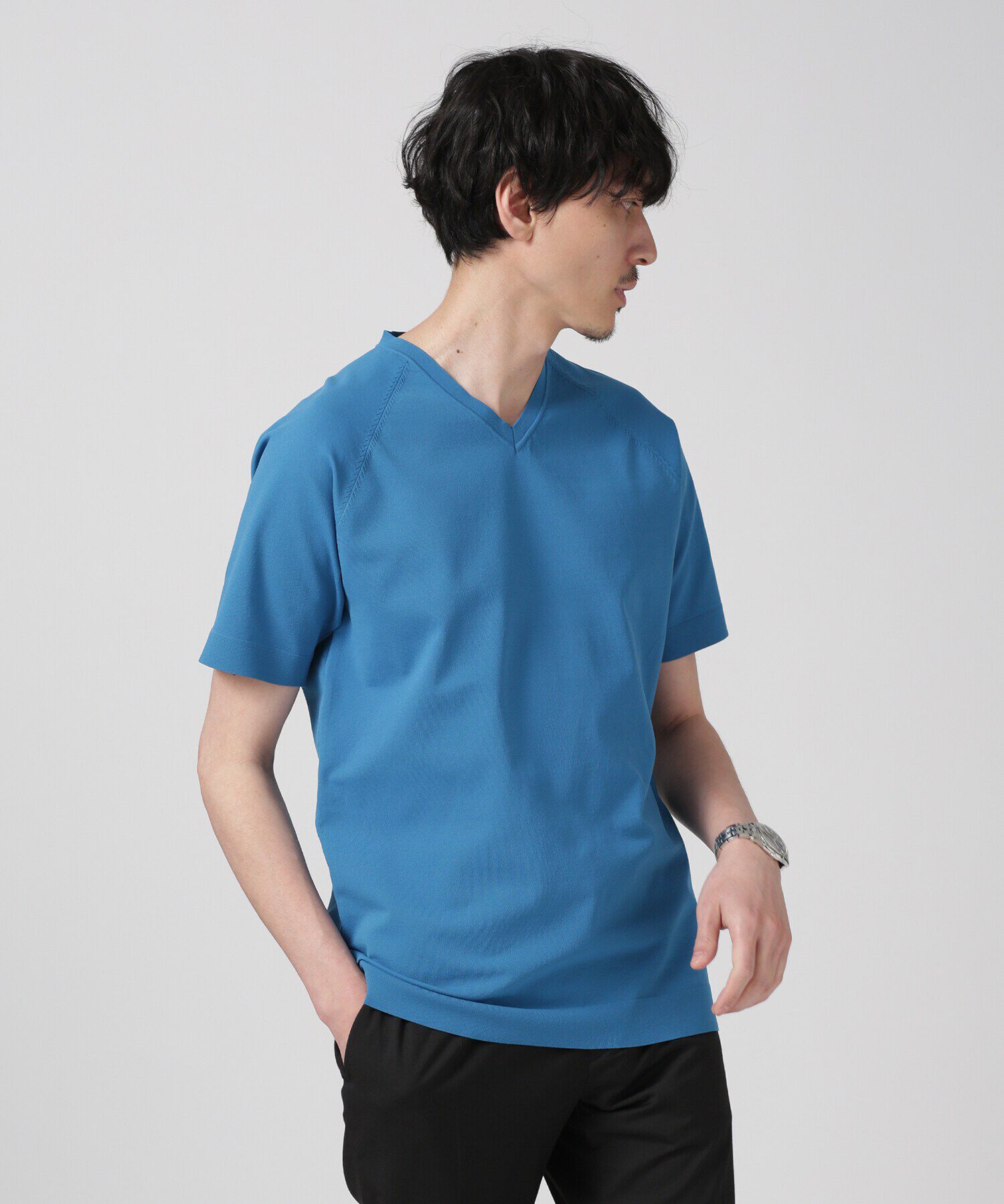 nano･universe「LB.03/SOLOTEXマルチファンクションVネックニット/半袖」|ニット・セーター|ブルー