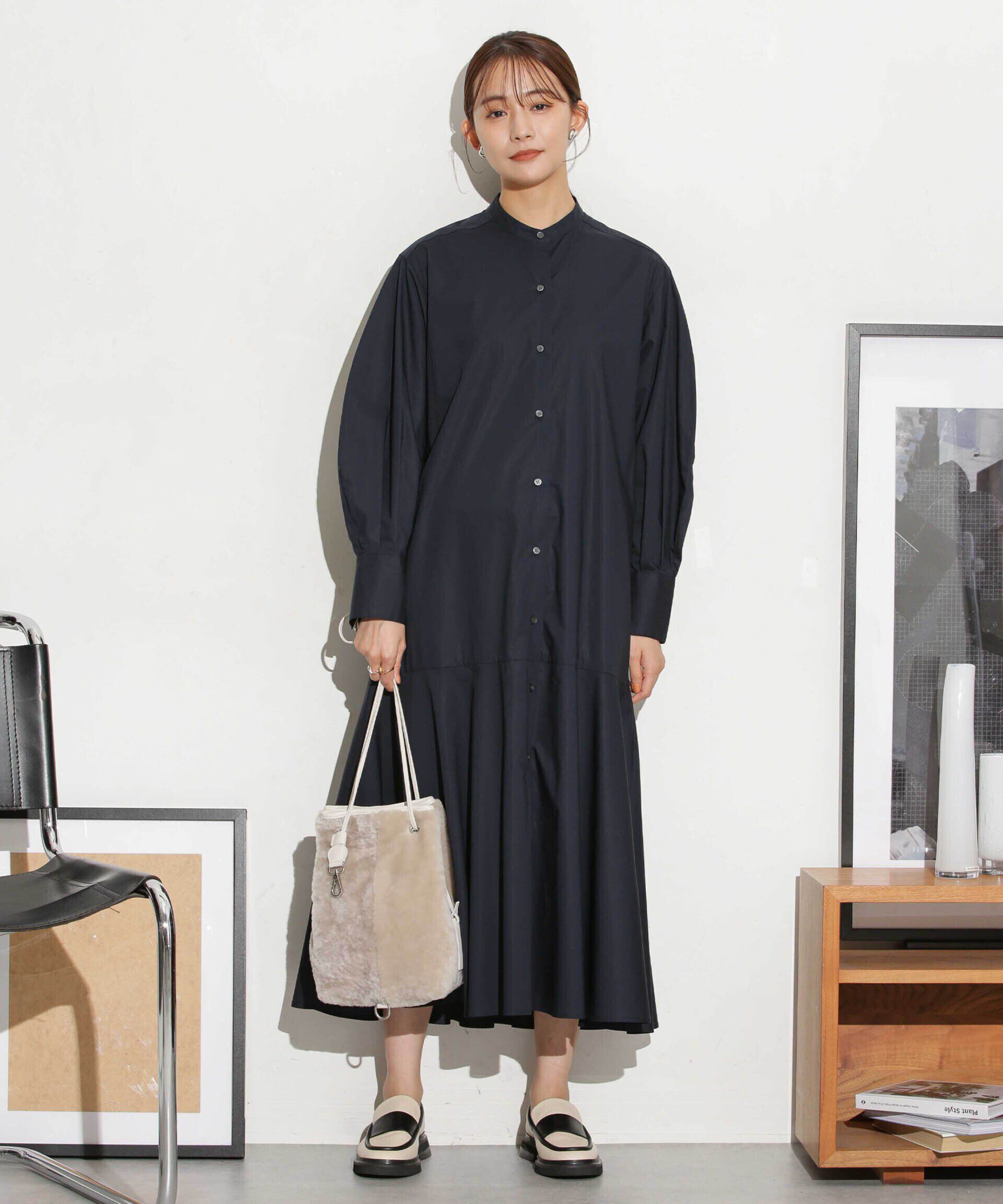 nano･universe「ヘムフレアバンドカラーシャツワンピース」|ワンピース|