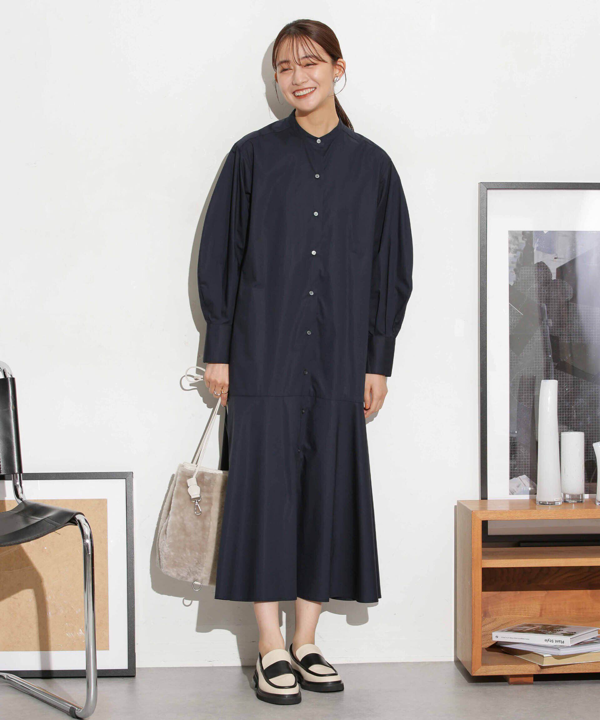 nano･universe「ヘムフレアバンドカラーシャツワンピース」|ワンピース|