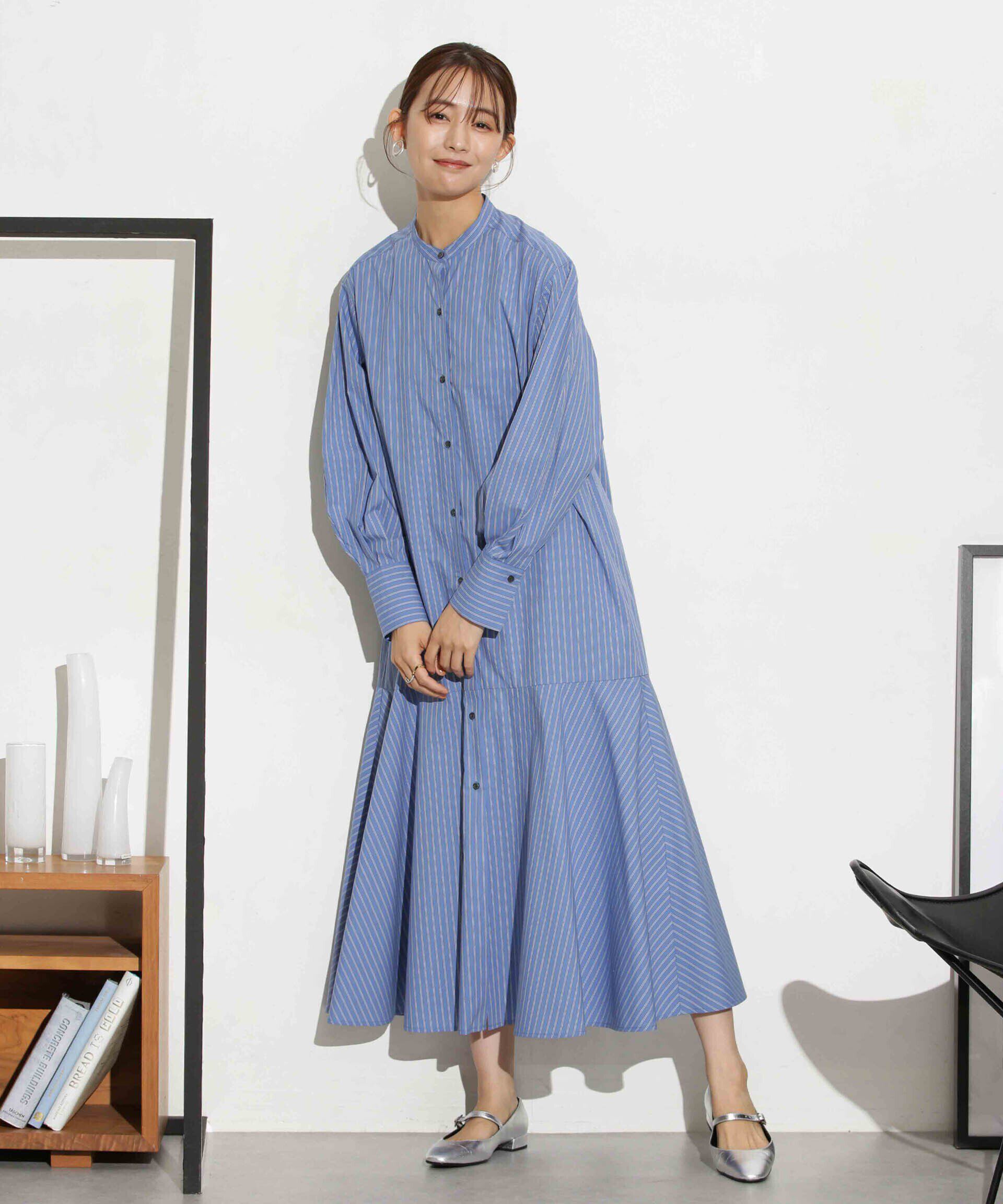 nano･universe「ヘムフレアバンドカラーシャツワンピース」|ワンピース|