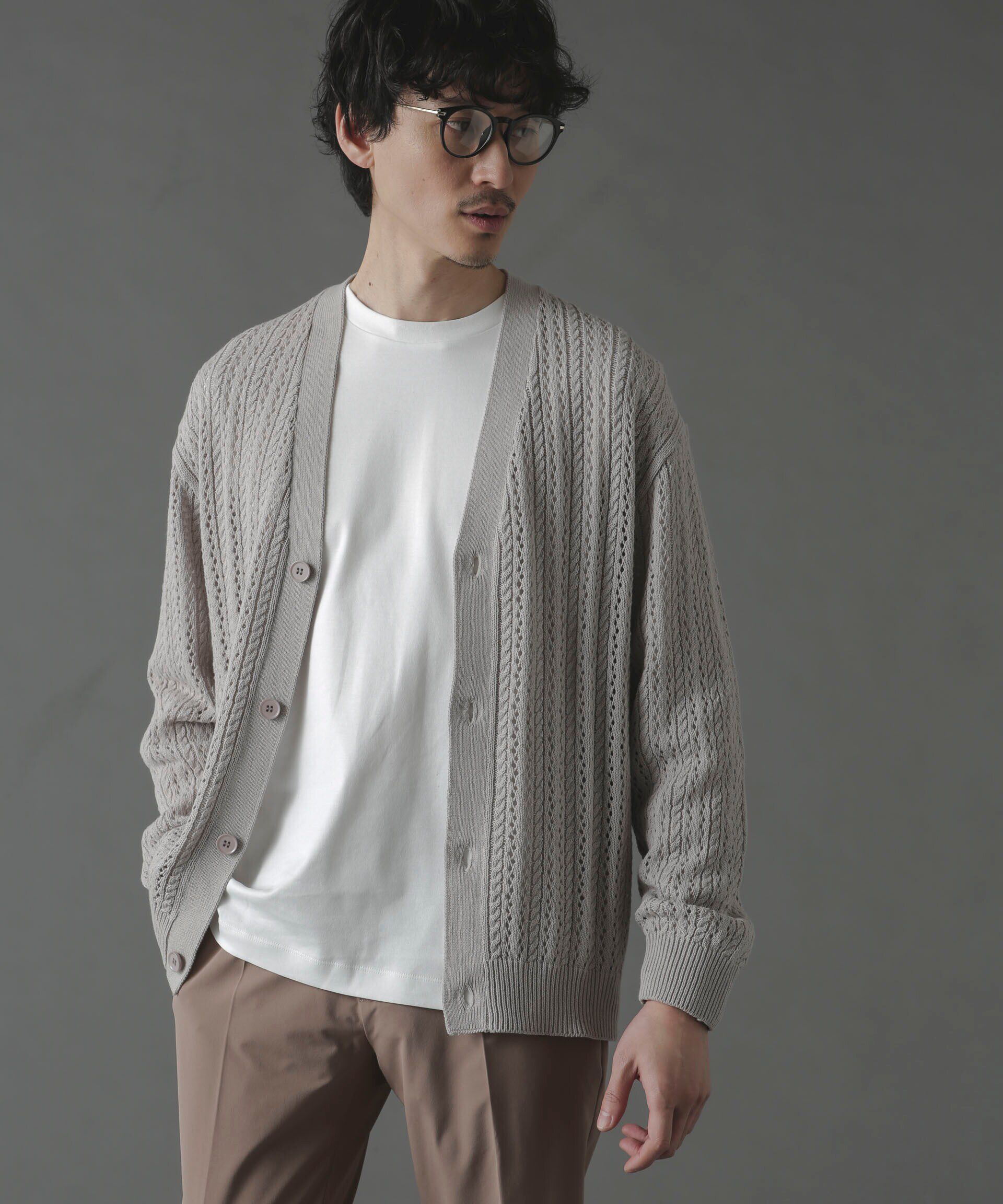 nano･universe「透かし編みカーディガン」|ニット・セーター|グレー