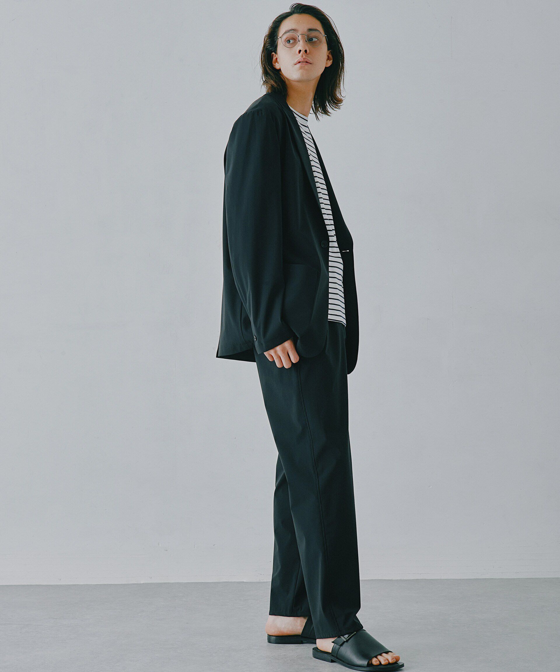 nano･universe「ストレッチハイゲージトリコットイージーパンツ(セットアップ可)」|チノ|ブラック