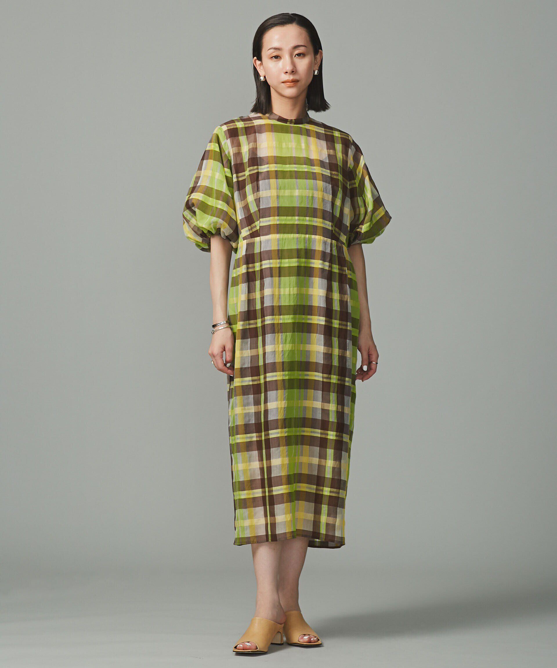 nano･universe「シアーチェックボリュームスリーブワンピース」|ワンピース|