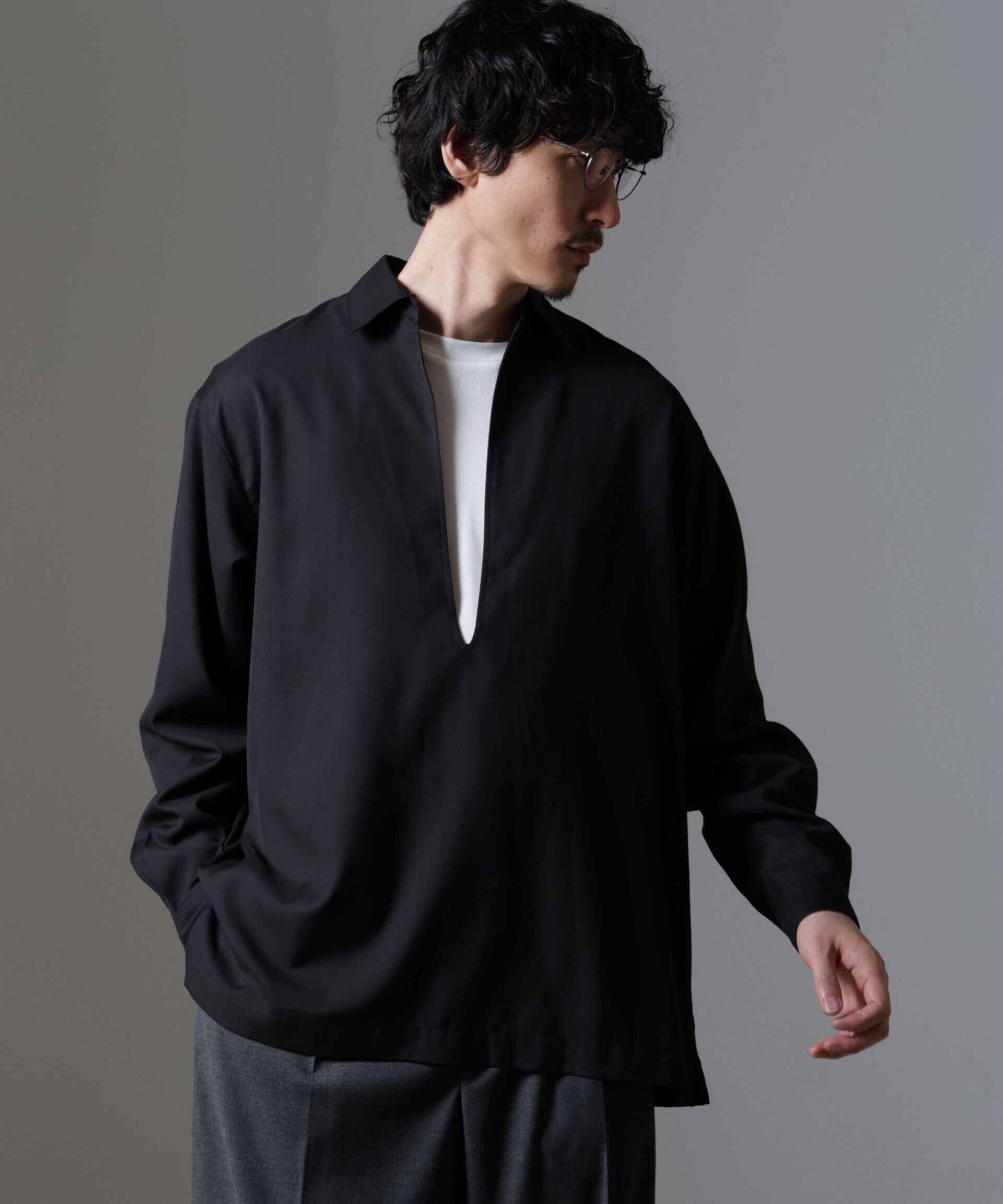 nano･universe「ドレープスキッパーシャツ 長袖」|シャツ・ブラウス|ブラック