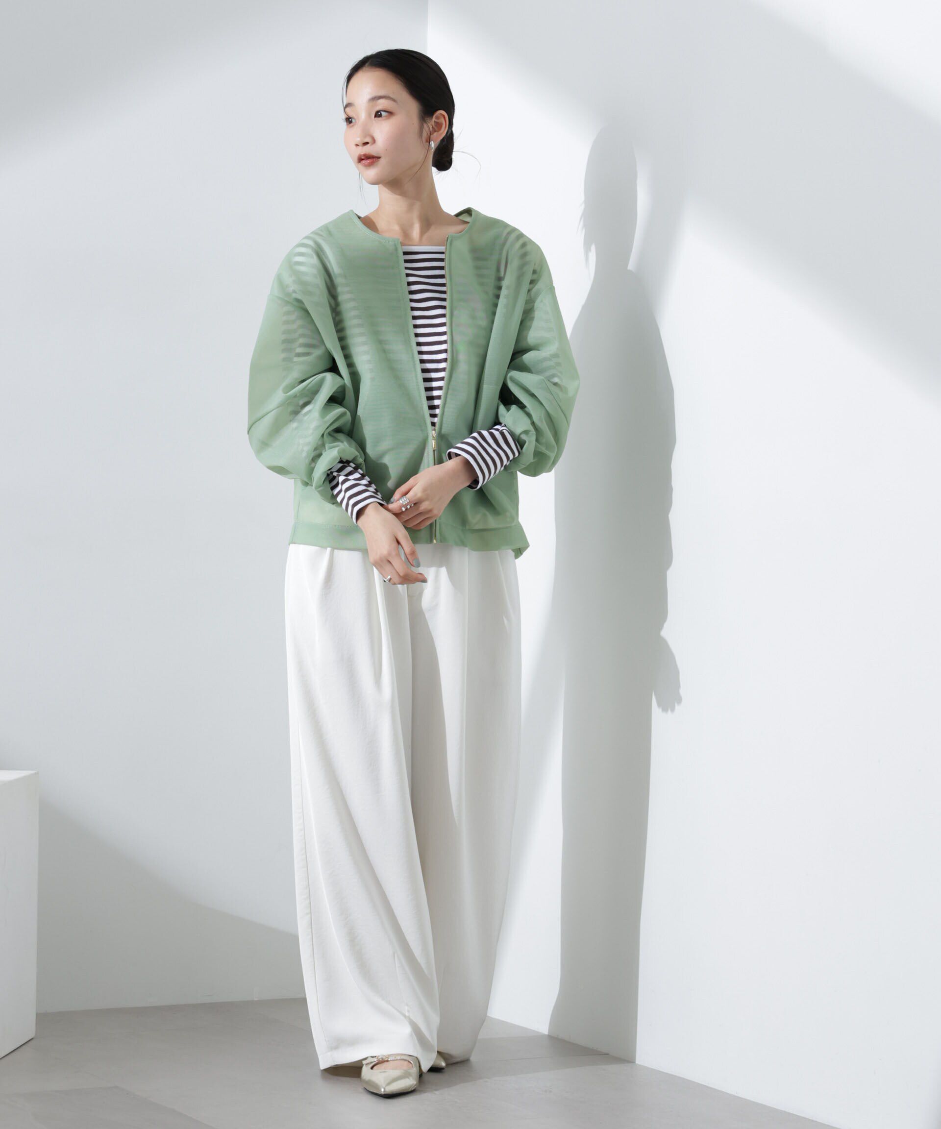 nano･universe「シアーダンボールカットノーカラーZIPupジャケット」|テーラードジャケット|