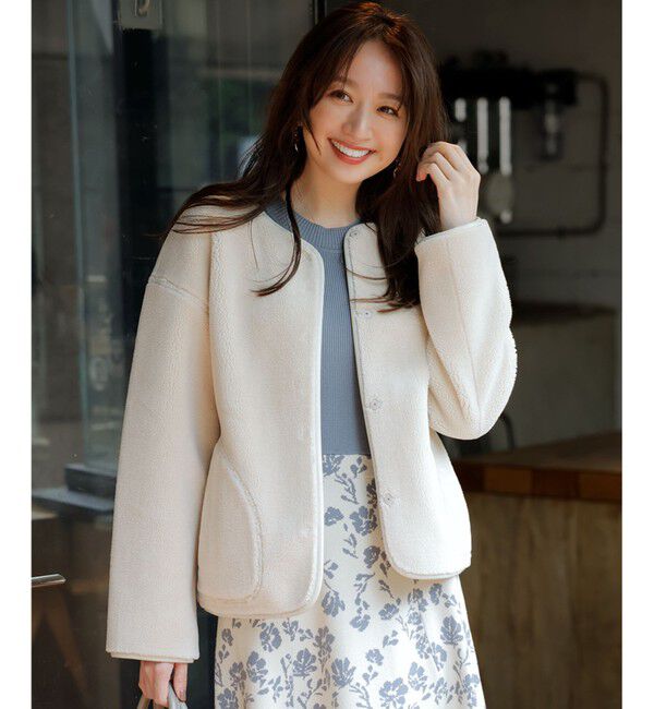 any SiS「【2WAY】リバーシブルショートボア アウター」|ノーカラージャケット|アイボリー