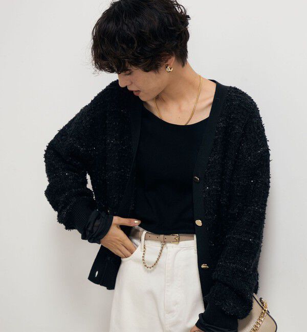 Rie Miller「《セットアップ対応》ファンシーツイード風スパンコール入りVネックカーディガン」|カーディガン|