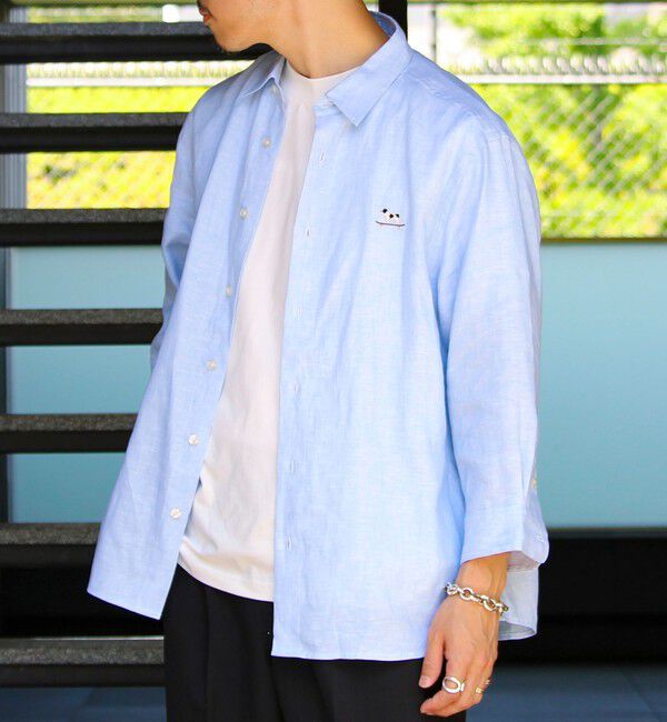 GLOSTER「【新色追加】【GLOSTER/グロスター】フレンチブルドッグ刺繍 リネン 7分袖シャツ」|シャツ・ブラウス|