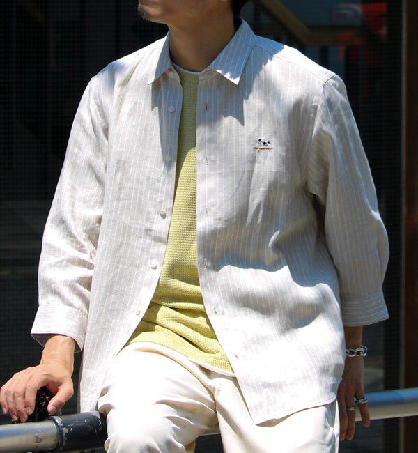 GLOSTER「【新色追加】【GLOSTER/グロスター】フレンチブルドッグ刺繍 リネン 7分袖シャツ」|シャツ・ブラウス|ベージュ系その他