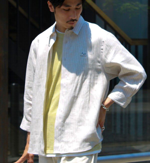 GLOSTER「【新色追加】【GLOSTER/グロスター】フレンチブルドッグ刺繍 リネン 7分袖シャツ」|シャツ・ブラウス|