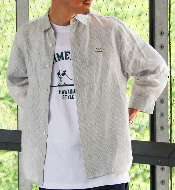 GLOSTER「【新色追加】【GLOSTER/グロスター】フレンチブルドッグ刺繍 リネン 7分袖シャツ」|シャツ・ブラウス|