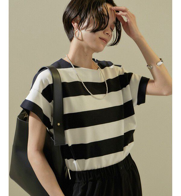 SALON adam et rope'「【WEB限定】フレンチスリーブポンチTシャツ［太ボーダー/無地］」|Tシャツ・カットソー|ブラック系(02)