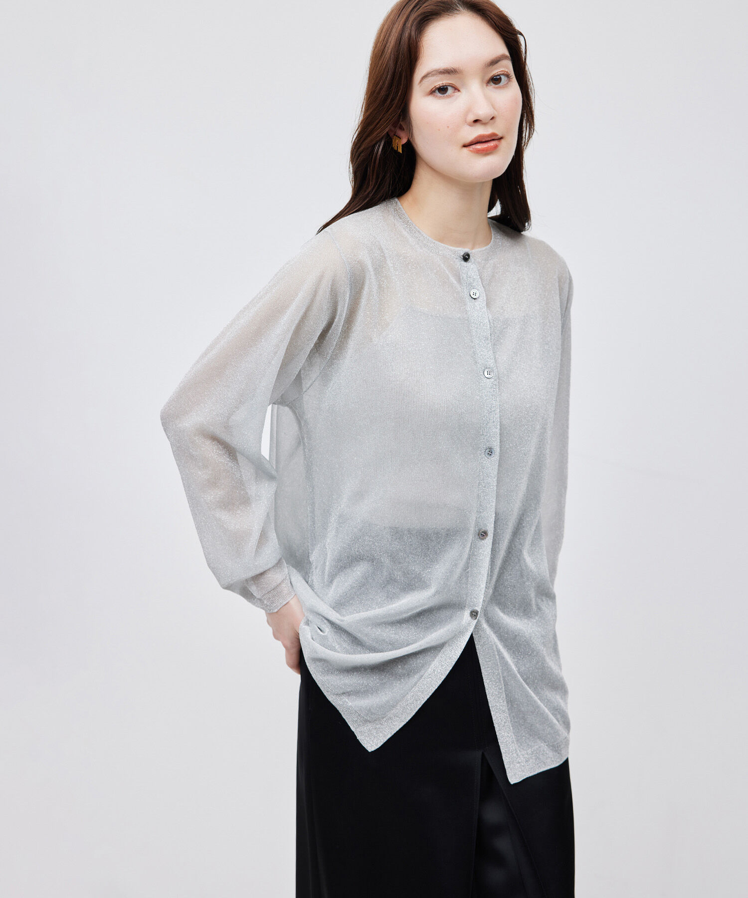 ROPE「【洗える】ラメシアーミドル丈カーディガン【アンサンブル対応】」|カーディガン|