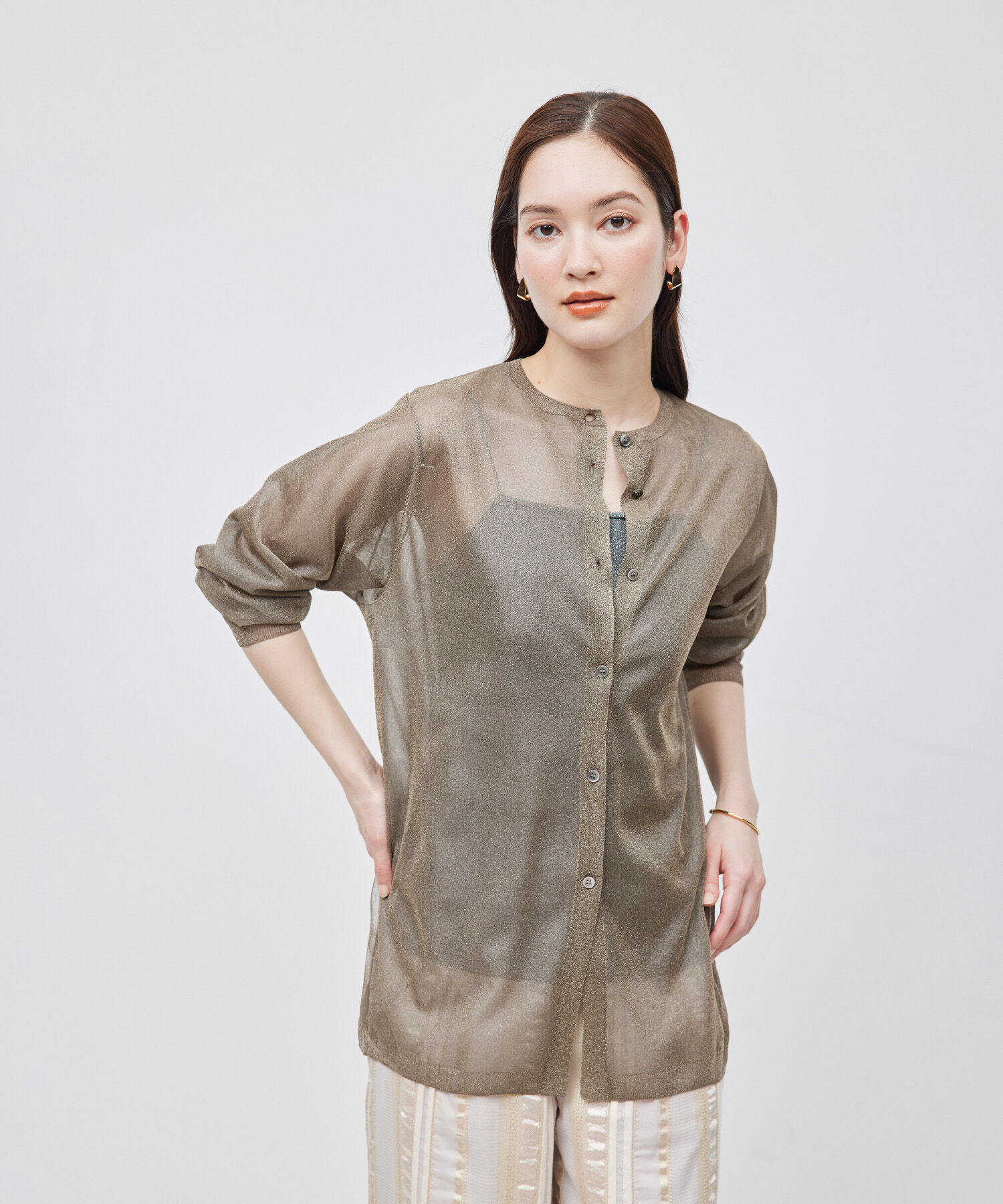 ROPE「【洗える】ラメシアーミドル丈カーディガン【アンサンブル対応】」|カーディガン|