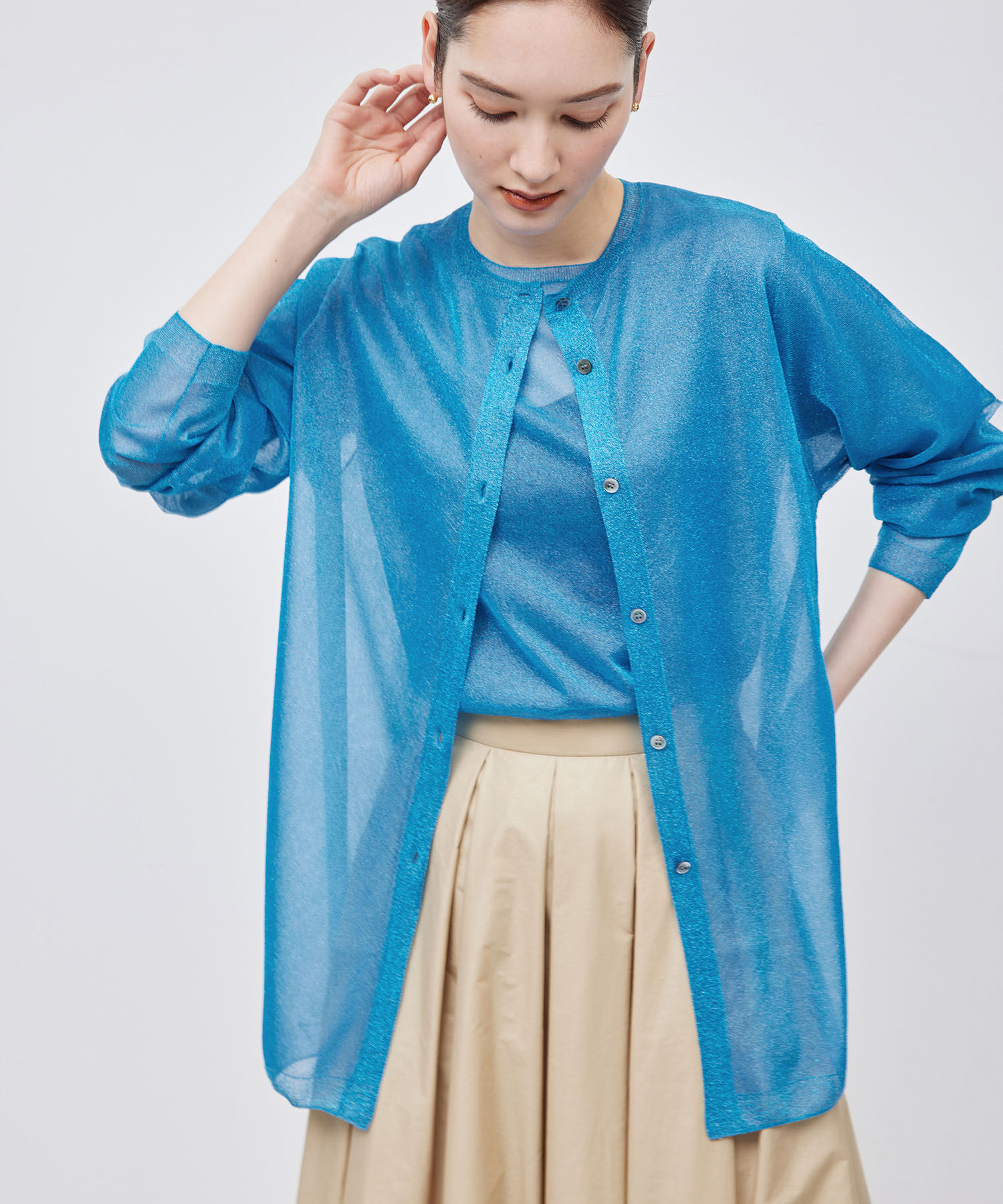 ROPE「【洗える】ラメシアーミドル丈カーディガン【アンサンブル対応】」|カーディガン|ブルー系(45)