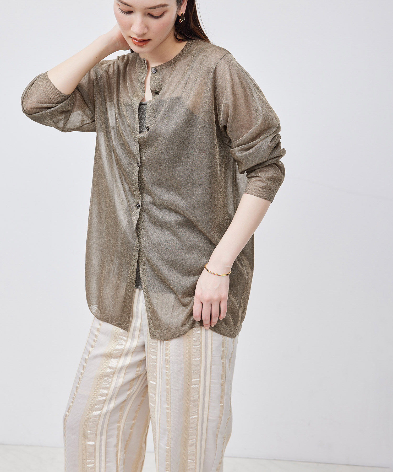 ROPE「【洗える】ラメシアーミドル丈カーディガン【アンサンブル対応】」|カーディガン|