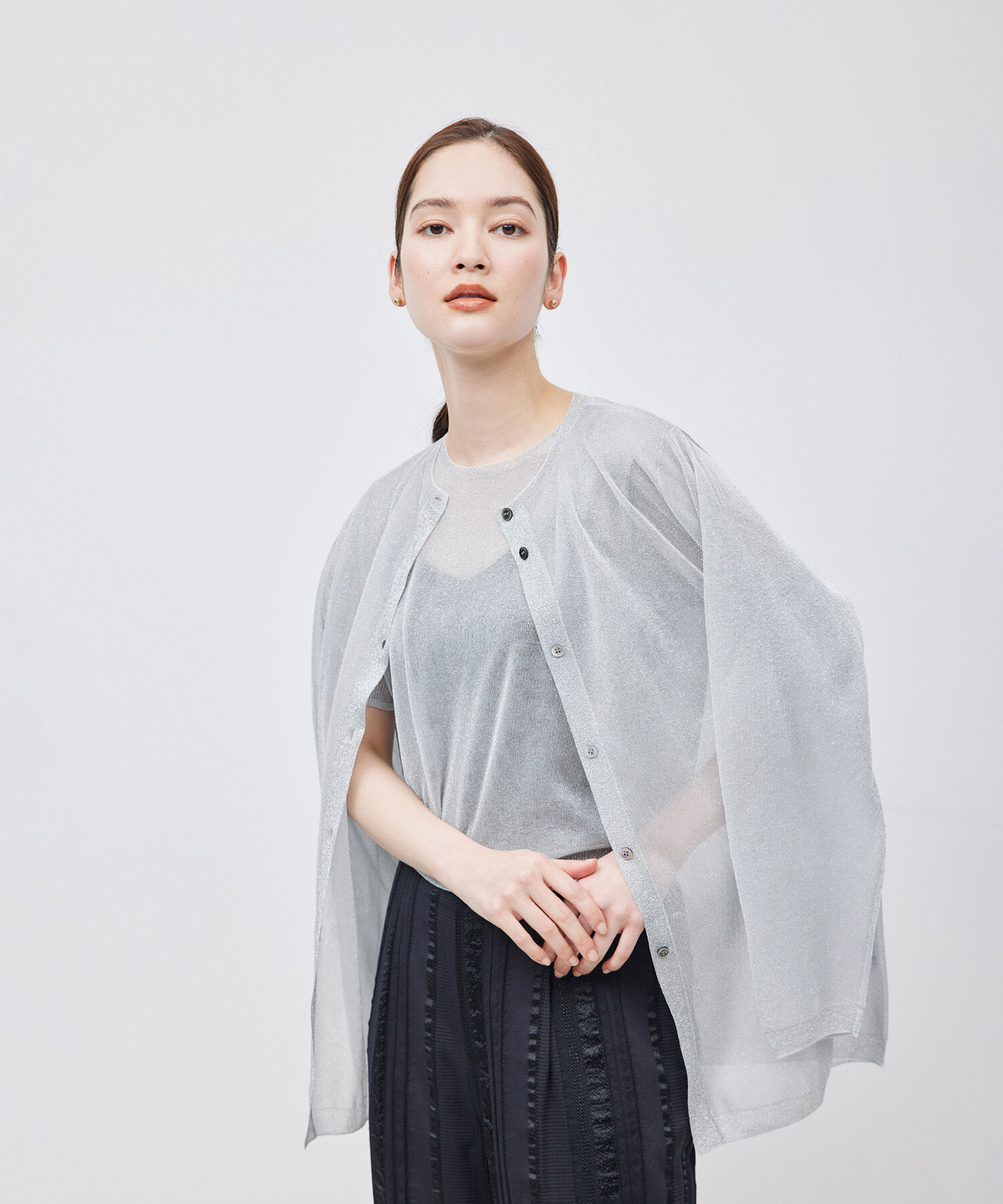 ROPE「【洗える】ラメシアーミドル丈カーディガン【アンサンブル対応】」|カーディガン|