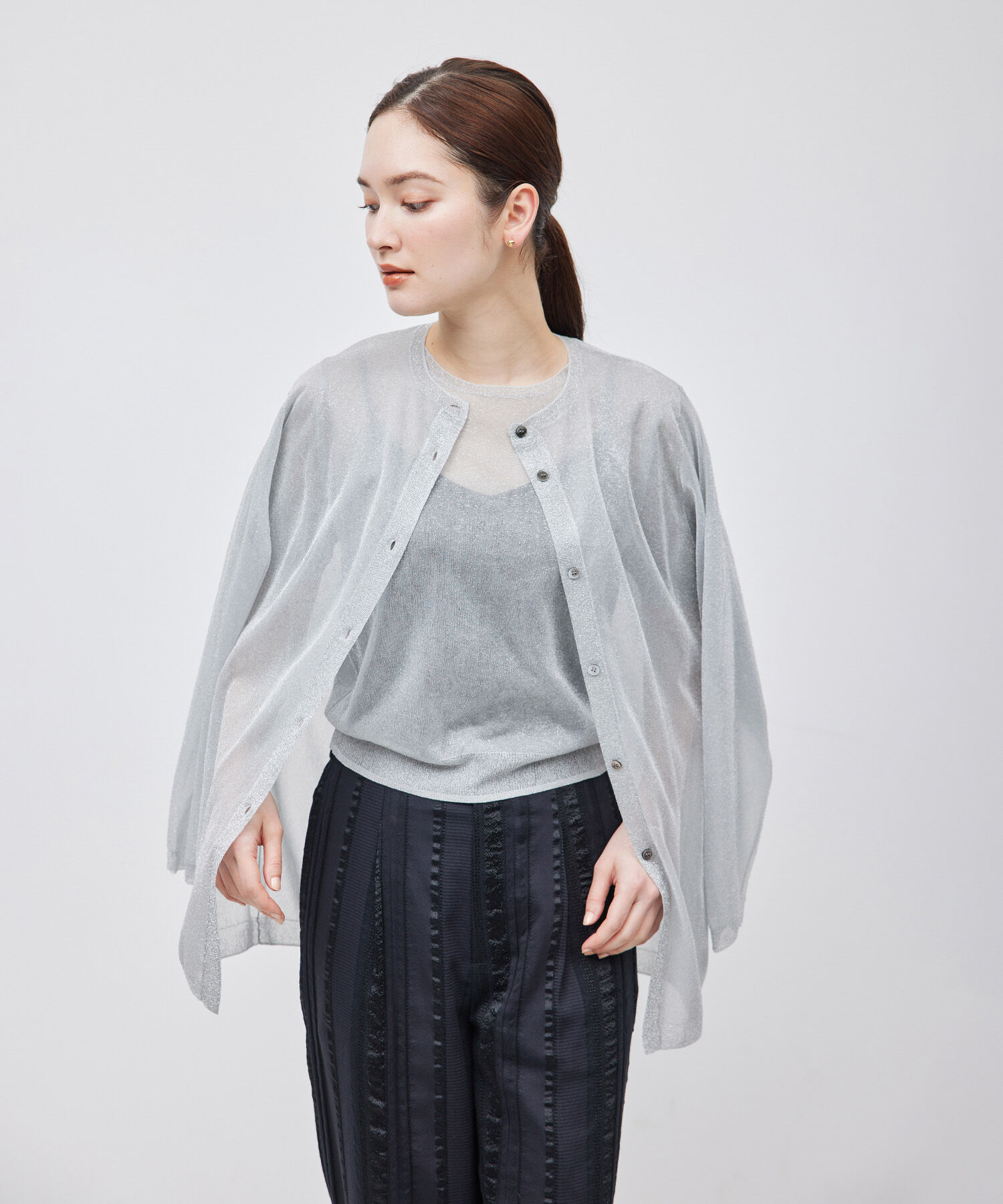 ROPE「【洗える】ラメシアーミドル丈カーディガン【アンサンブル対応】」|カーディガン|