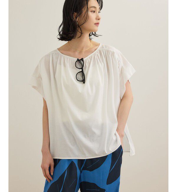 ROPE「【洗える】クリア天竺ギャザー半袖プルオーバー/お仕事服」|Tシャツ・カットソー|