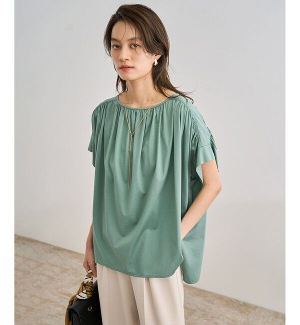 ROPE「【洗える】クリア天竺ギャザー半袖プルオーバー/お仕事服」|Tシャツ・カットソー|カーキー(36)